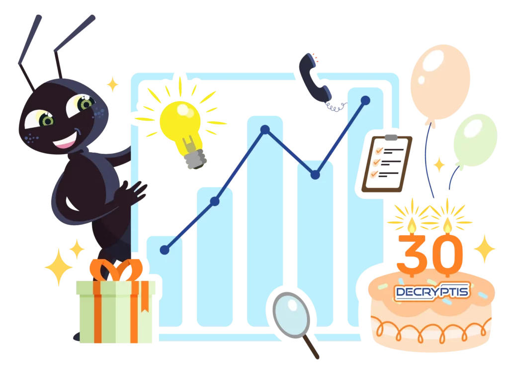 Image de la fourmi Decryptis avec un gâteau fêtant le 30ème anniversaire